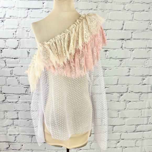 Philosophy di Lorenzo Serafini Tops - Philosophy Di Lorenzo Serafini Lace Asymmetrical Long Sleeve Ruffle Blouse Med